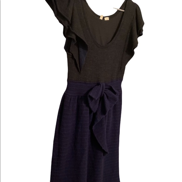 Anthropologie Moth Gray Blue Wool Bow Sweater Dress Flare Flutter Sleeve Boho - Picture 3 of 7
